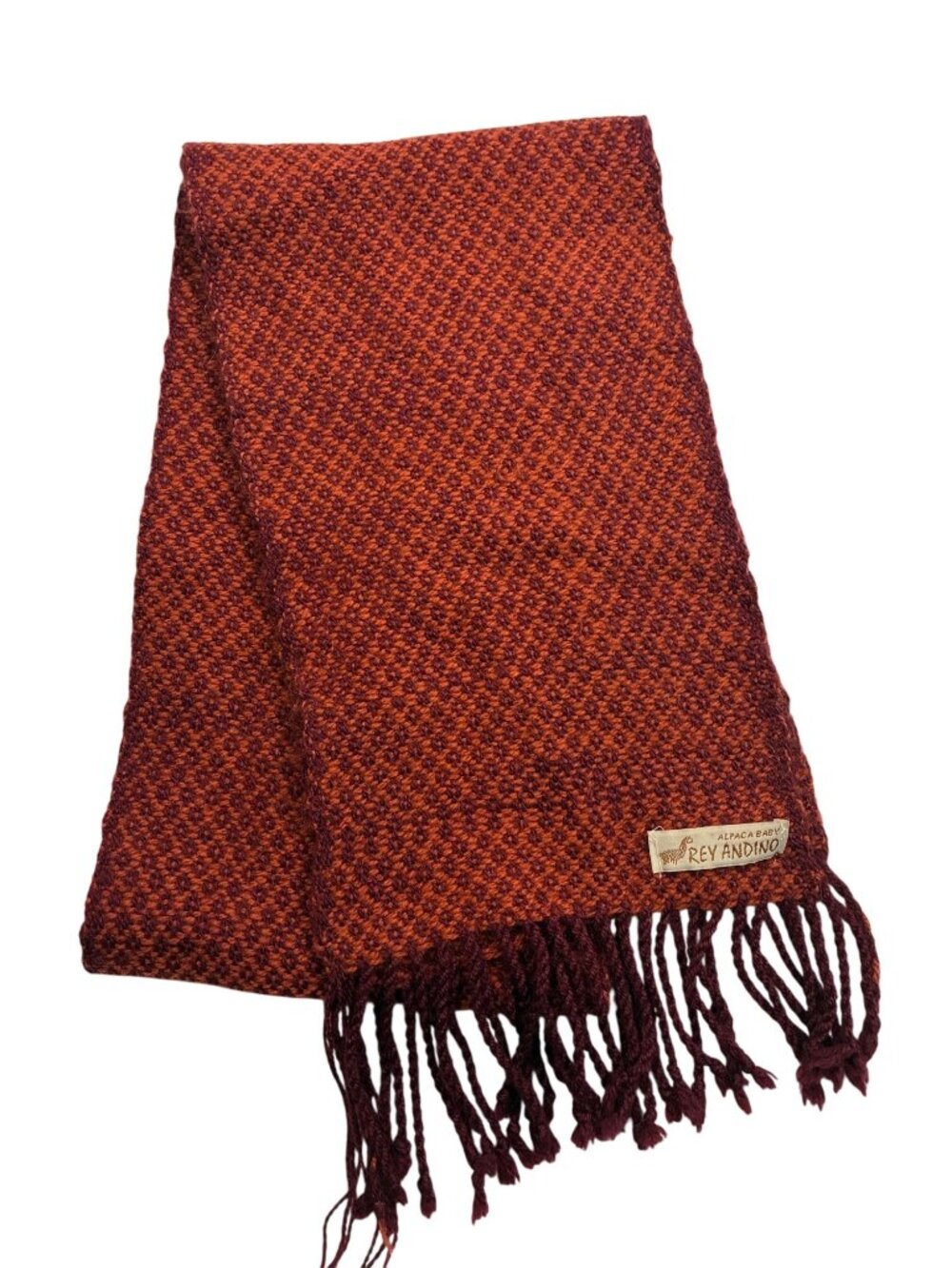Rey Andino Alpaca Baby Scarf Orange & Burgundy Woven Texture With Fringe Edges